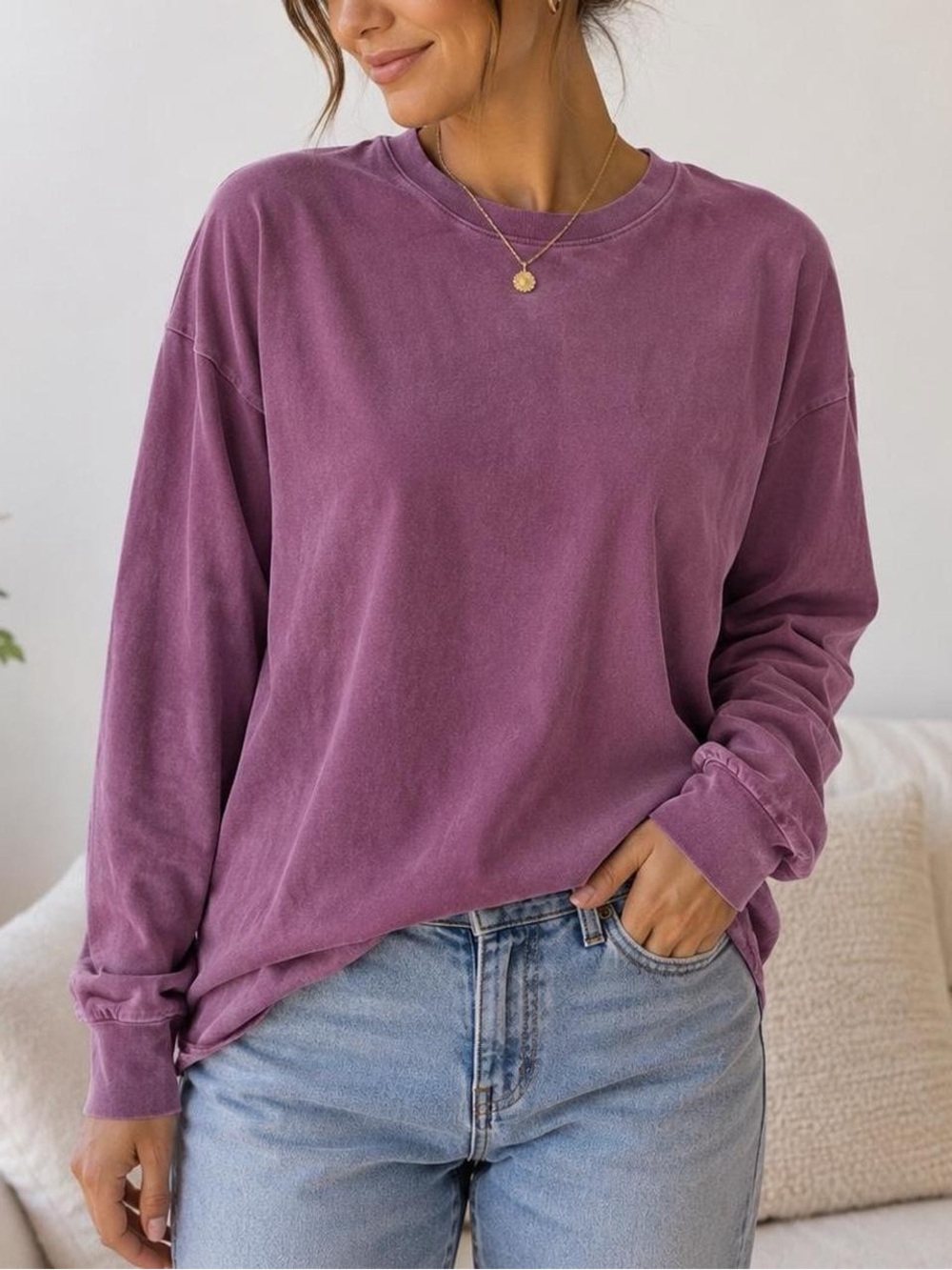 Fabletics Purple Mineral Wash Raw Hem Sweatshirt XS